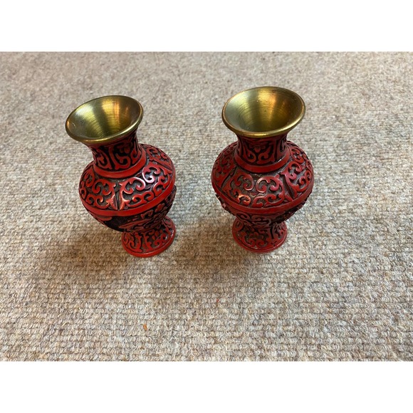Antique Other - Tiny Red Japanese Brass Mouth Antique Hand Carved Vases